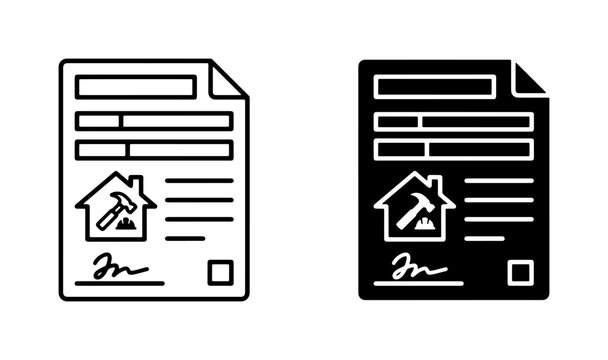Construction Contract Document Icons, Building Permit Agreement Forms, Real Estate Legal Paperwork Symbols, Home Renovation Application Graphics