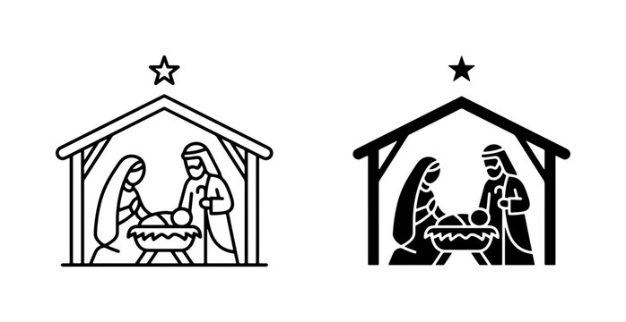 Nativity Scene Icons, Christmas Story Silhouette, Religious Holiday Vector Art, Holy Family Stable Illustration, Star of Bethlehem Graphic