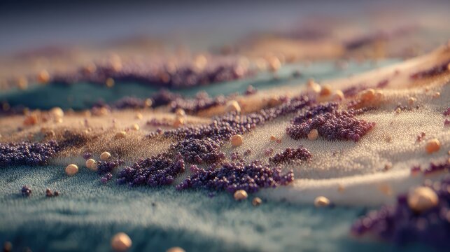 Cellular organisms forming abstract surface textures on a microscopic landscape with purple cell clusters and golden spheres on different layers, conveying scientific and biological concepts
