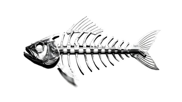 Minimalist Illustration of Complete Fish Skeleton Silhouette, Detailed Fish Bone Anatomy Graphic, Isolated Black Fishbone Vector Design, Aquatic Fossil Concept for Creative Project