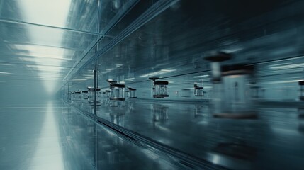 Fototapeta premium Streamlined modular containers rapidly moving through a sterile, reflective, high tech environment, illustrating advanced logistics and automated delivery systems in a future setting