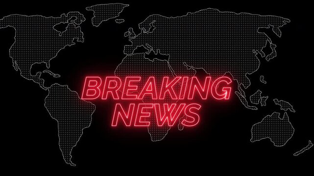 flat earth globe texture dotted neon with breaking news neon text animation, intro for TV broadcast news show program, overlay on transparent background