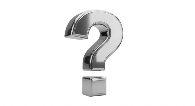 A shiny metallic silver question mark symbol standing upright against a solid black background with reflective surfaces and smooth curves