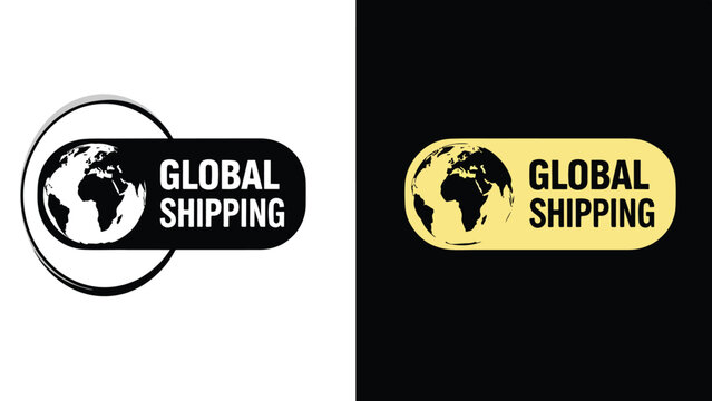 Global shipping vector icon set with world map and delivery badge - Line and glyph solid icon and logo template - Clipart, sticker - icon set