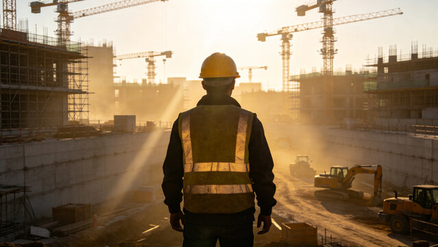 Construction Worker at Site During Sunset