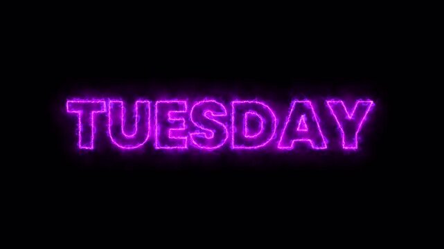 neon glowing tuesday text with vibrant purple light effect on dark background, 4k video