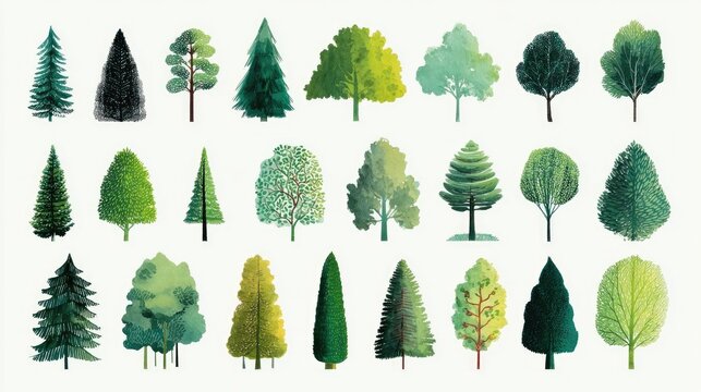 A collection of stylized green trees in various shapes and sizes