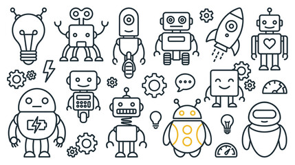 Assortment of cute robots, rockets, and industrial gears in cartoon style. © NAZMA