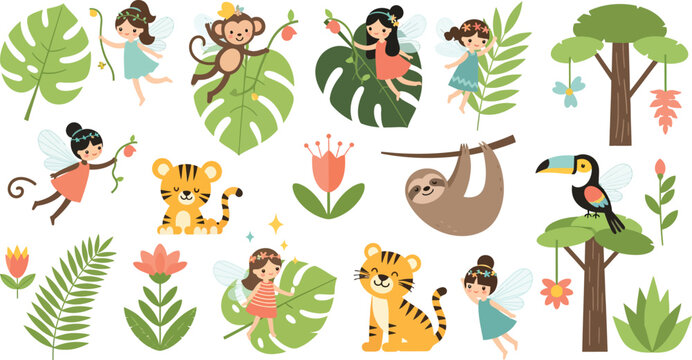 Illustration of children in jungle with animals and tropical plants and flowers