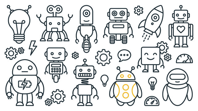 Assortment of cute robots, rockets, and industrial gears in cartoon style.