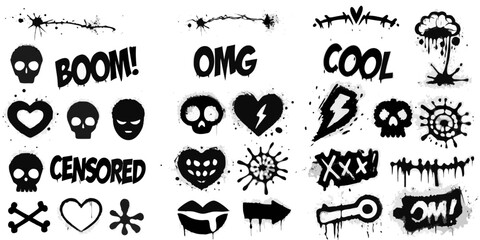 Graffiti stencils collection with skulls hearts and text on white background © Nova