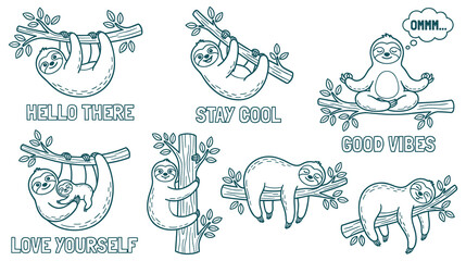 Fototapeta premium Charming sloths in various poses with inspirational messages on branches.