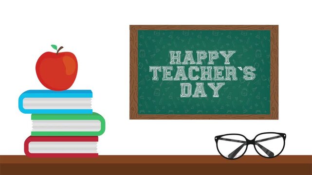 Happy teacher day animation with chalkboard and stack of books and apple.