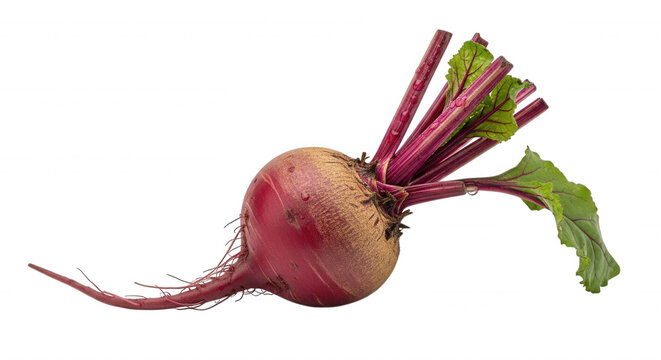 A single fresh red beet with green leaves and a long root isolated against a solid black background showing texture and water droplets