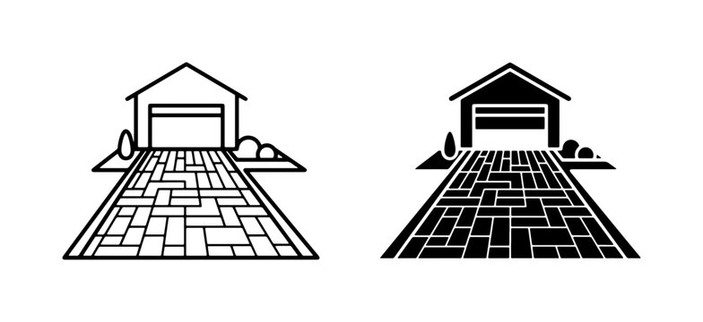 Garage Driveway Icons, Paved Path to House Entrance, Exterior Building Facade, Residential Property Symbols, Black and White Vector Graphics