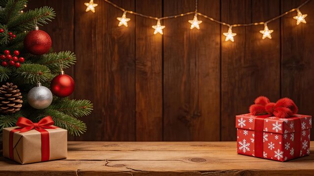 Christmas tree with ornaments and gifts on wooden table with copy space festive holiday decoration background with star lights and bokeh seasonal winter celebration concept for
