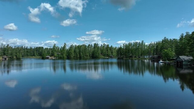 Drone flying low over Rainbow Lake in the Adirondacks in Upstate New York.