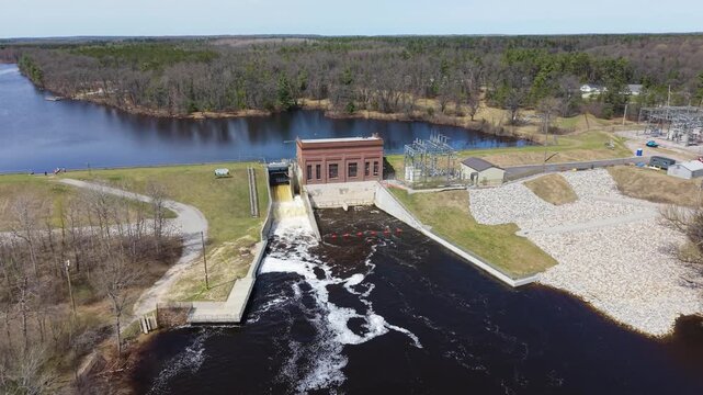 Drone going toward Mio Dam on the AuSable River in Mio, Michigan.