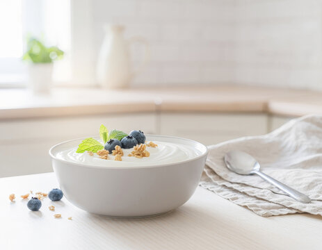Healthy breakfast bowl with skyr blueberries, granola, and mint leaves on a wooden kitchen table in a bright, modern setting
