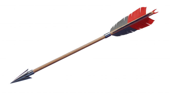 A single wooden archery arrow with a sharp metal arrowhead and red and grey fletching isolated on a solid black background
