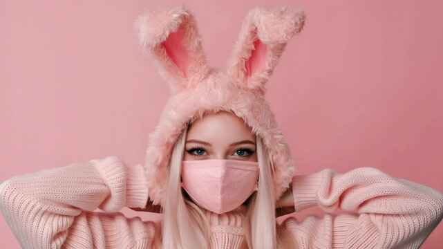 Pretty blonde girl with blue eyes wearing a pink fluffy bunny hat and a protective face mask posing in a studio setting. The young woman is looking at the camera on a pink background