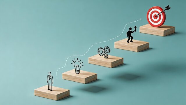 Business success strategy concept with wooden blocks lightbulb gears person and target with arrow symbolizing growth innovation and goal achievement on teal background