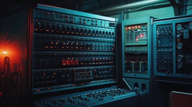 Large vintage mainframe computer system featuring rows of intricate control panels with numerous switches, knobs, and flashing indicator lights, creating a complex retro technology environment
