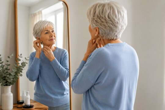 Smiling senior woman with short gray hair putting on earrings while looking in mirror at home. Mature woman standing in cozy modern interior during morning routine and self care ritual
