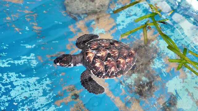 Close up babies sea turtle swimming surrounded by strands of green seagrass, natural and educational wildlife scene. conservation center