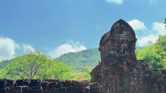 Static shot of historic temple structure at My Son Sanctuary in Vietnam, a UNESCO World Heritage archaeological site