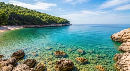 Naklejka premium Serene tropical cove with crystal clear waters and rocky shoreline