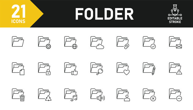 File folder line icon set. Set of 21 outline icons related to file, folder, document, datum, storage and others. Editable stroke. Vector illustration.