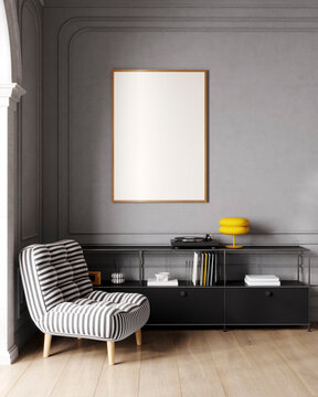 Poster frame mockup in bright Bauhaus interior living room, 3d illustration