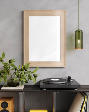 Dopamine Bauhaus Interior with Wooden Poster Frame Mockup, ISO A paper size, 3d rendering