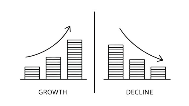 Vector growth and decline icons with bar charts - Line and glyph solid icon and logo template - Clipart, sticker - icon set