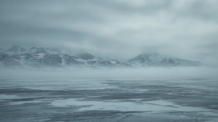 Fototapeta premium Icy water covering the foreground, leading to a long range of snow capped mountains partially obscured by low hanging clouds and dense fog, creating a moody, cold environment