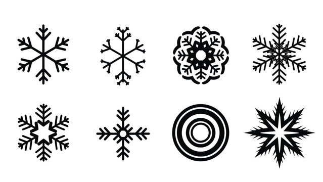 Snowflake vector icon set with geometric and floral designs - Line and glyph solid icon and logo template - Clipart, sticker - icon set