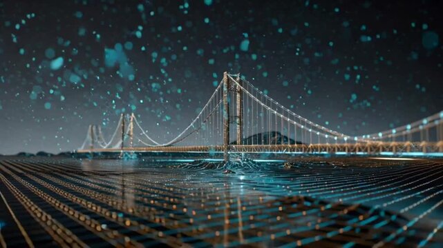 Futuristic Digital Bridge Illuminated by Neon Lights in a Cybernetic Landscape with Falling