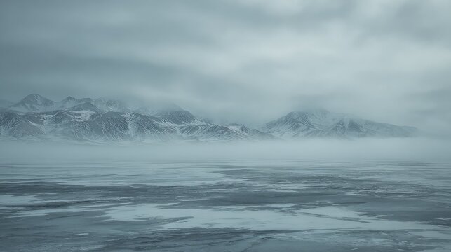 Icy water covering the foreground, leading to a long range of snow capped mountains partially obscured by low hanging clouds and dense fog, creating a moody, cold environment