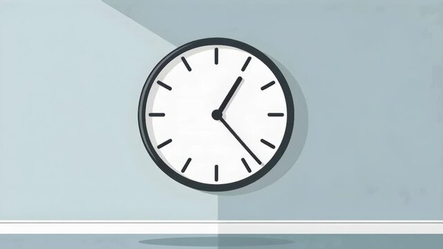 Simple animated clock with black hands and frame counting down one hour on a modern office wall, symbolizing the fast passage of time, deadlines, and the importance of time management