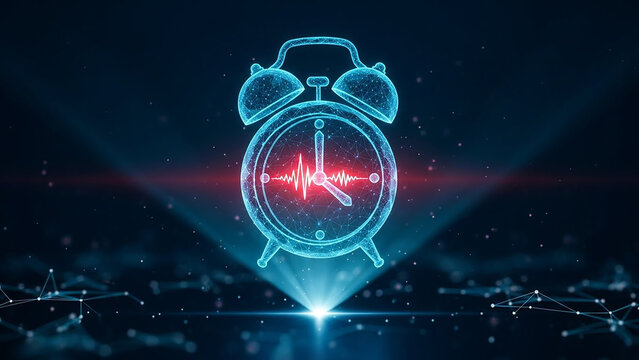 Digital wireframe alarm clock with glowing heartbeat monitor line on display screen