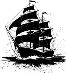 Black silhouette of a sailing ship splashing waves, isolated white boat © Ripa_Moni