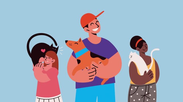 Group of diverse people holding their pet dogs and cats with affection in animated cartoon flat style.