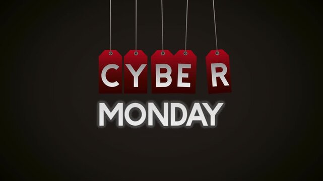 Cyber monday text motion graphic a hanging dynamic display for digital shopping event with modern typography and sleek animation.