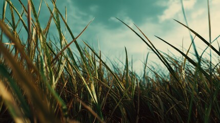 Naklejka premium Tall stalks of green and golden grass rise from a field, swaying gently under a vibrant blue sky with soft clouds, creating a serene and natural background