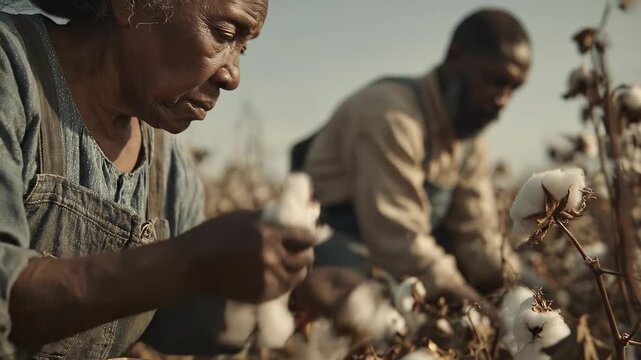 Senior African American couple picking cotton in a field. Hard work, resilience, and history are conveyed. Elderly farmers, mature age, rural life. Cotton harvest, Southern landscape.