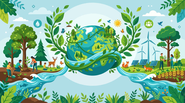 World Environment Day Concept with Earth Globe Surrounded by Water Flow and People Planting Trees