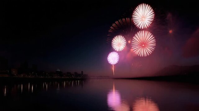 Enjoy this captivating video of dazzling fireworks reflecting on calm waters. Perfect for adding excitement to any project or occasion. A true celebration of light and color. AI