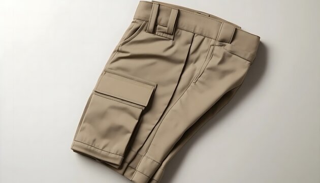 Khaki cargo shorts with pockets and belt loops on a light background.