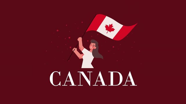 Canada day celebration motion graphic with woman waving national flag on maroon background with particles.